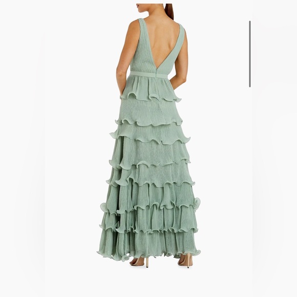 Ruffled V-Neck Tiered Maxi Dress by Mac Duggal in Sage. - Picture 2 of 5